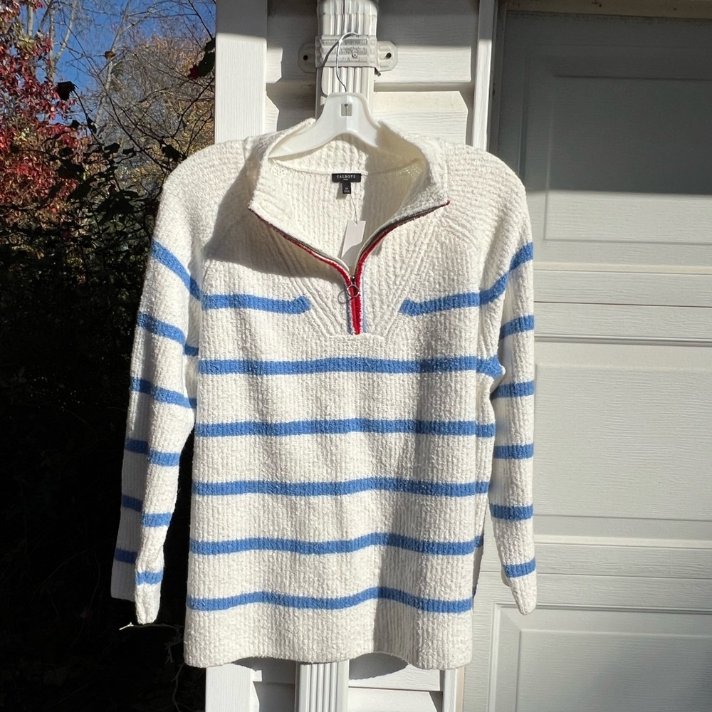 NWT Talbots Pretty White Blue Stripe Red 1/4 Zip Collared Long Sleeve Sweater